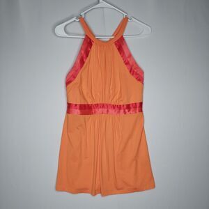 Arden B Halter Top Womens‎ Large Orange Pink Satin Stretch Empire Cross-back Y2K